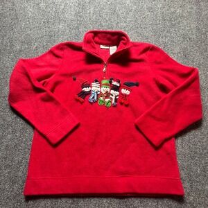Red Fleece Quarter Zip Snowman Holiday Winter‎ Ski Pullover Medium White Stag